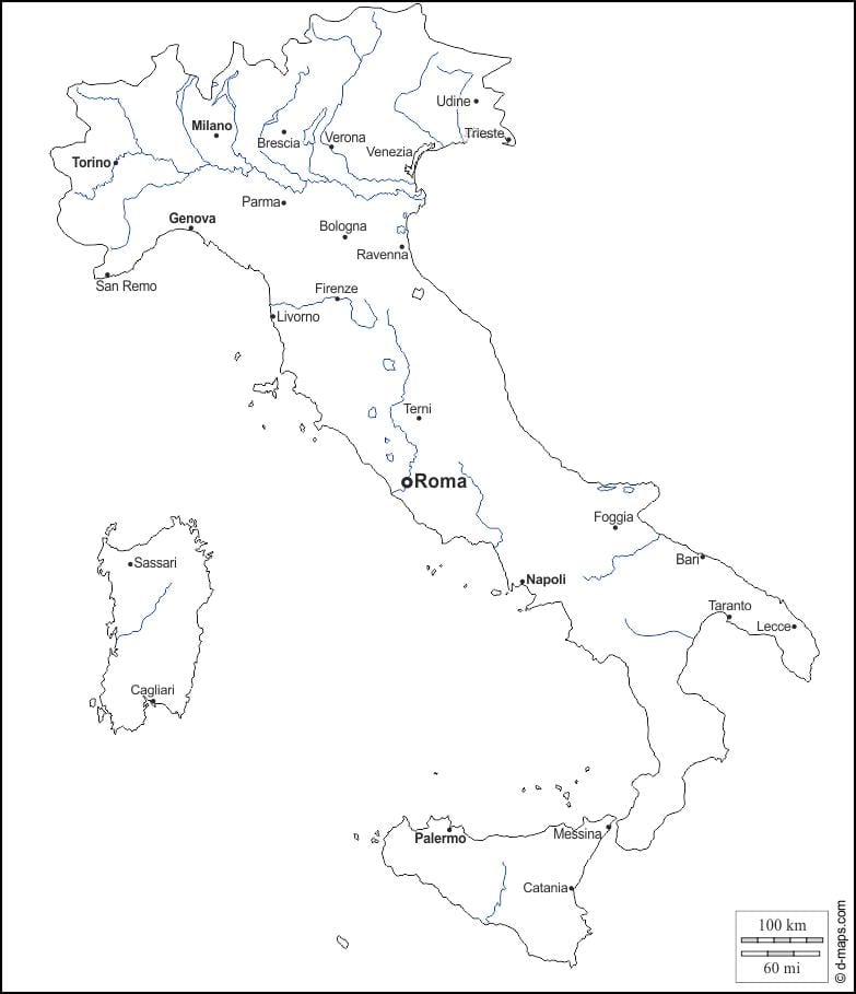 mapa konturowa z miastami Włoch