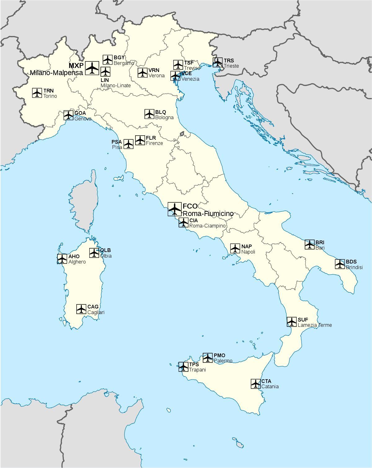 międzynarodowe lotniska we Włoszech na mapie